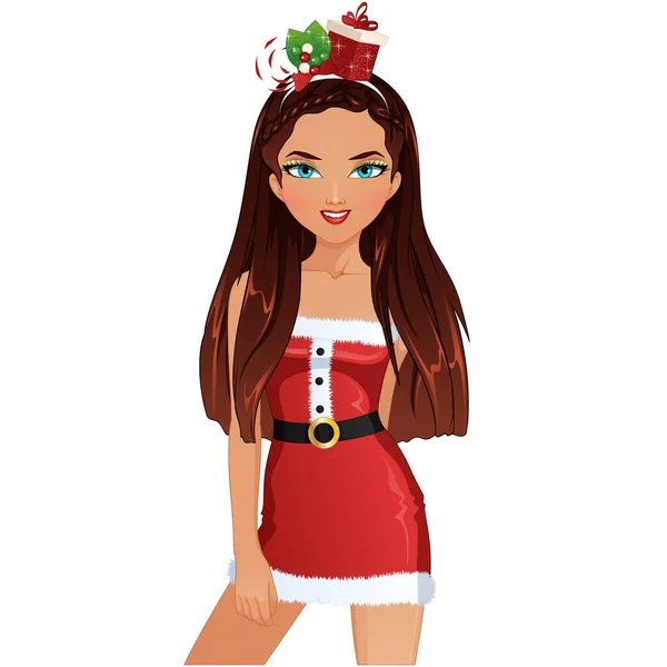 Festa Natale Femmina Personaggio Dei Cartoni Animati Santa Dress Illustrazione — Vettoriale Stock