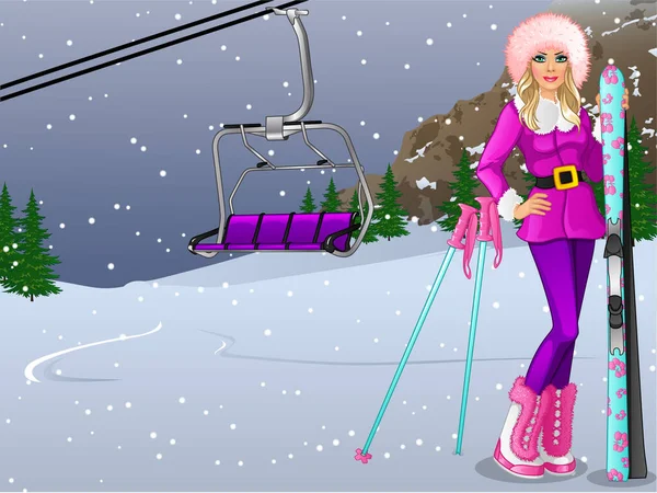 Cartoon Girl Goes Skiing Mountain Slope Background Scene Vector Illustration — Stock Vector