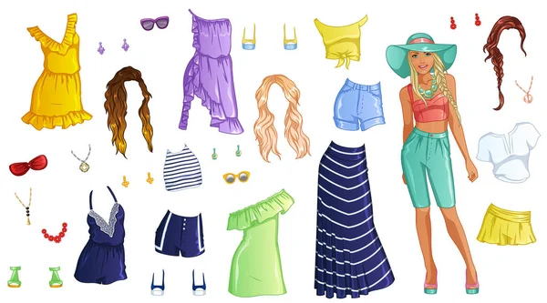 Caribbean Cruise Paper Doll Beautiful Lady Outfits Hairstyles Accessories Vector — Vetor de Stock