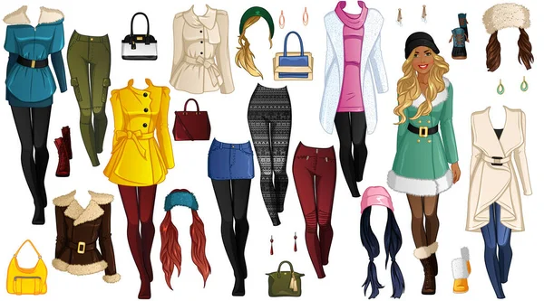 Winter Walk Paper Doll Beautiful Lady Outfits Hairstyles Accessories Vector — Vetor de Stock