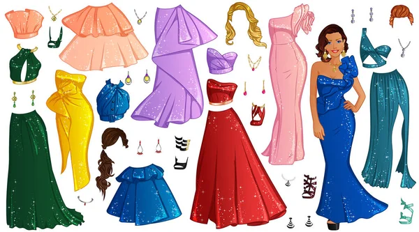 Movie Star Paper Doll Beautiful Lady Outfits Hairstyles Accessories Vector — Image vectorielle