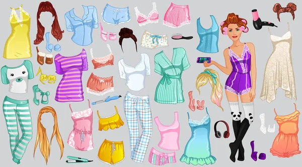 Pyjama Party Paper Doll Beautiful Lady Outfits Hairstyles Accessories Vector — Image vectorielle