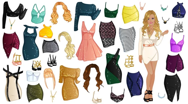Girls Night Out Paper Doll Beautiful Lady Outfits Hairstyles Accessories — Vetor de Stock