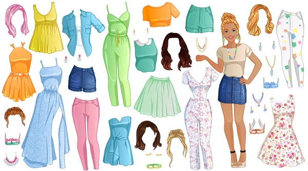 Spring Time Paper Doll Beautiful Lady Outfits Hairstyles Accessories Vector — 스톡 벡터