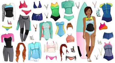 Surfing Girl Paper Doll with Beautiful Lady, Outfits, Hairstyles and Accessories. Vector Illustration