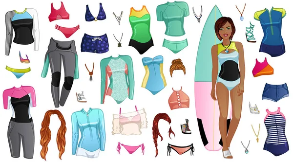 Surfing Girl Paper Doll Beautiful Lady Outfits Hairstyles Accessories Vector — Vetor de Stock