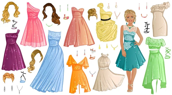 Bridesmaid Paper Doll Beautiful Lady Dresses Hairstyles Accessories Vector Illustration — Vetor de Stock