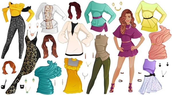 Cover Girl Paper Doll Beautiful Lady Outfits Hairstyles Accessories Vector — Vetor de Stock