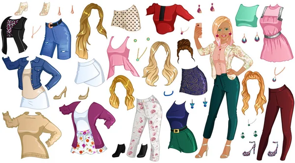 Vlogger Paper Doll Beautiful Lady Outfits Hairstyles Accessories Vector Illustration — Vetor de Stock