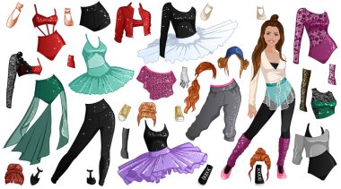 Dancer Paper Doll with Beautiful Lady, Outfits, Hairstyles and Accessories. Vector Illustration