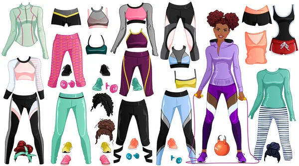 Workout Paper Doll Beautiful Lady Outfits Hairstyles Accessories Vector Illustration — Vetor de Stock