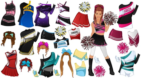Cheerleader Paper Doll Beautiful Woman Outfits Hairstyles Pom Poms Vector — Vetor de Stock