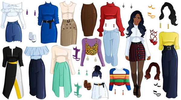 City Break Paper Doll Beautiful Woman Outfits Hairstyles Accessories Vector — Stockový vektor