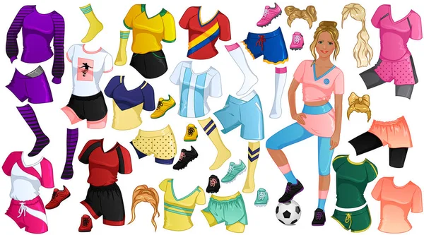 Soccer Paper Doll Beautiful Woman Outfits Hairstyles Accessories Vector Illustration — Stockvektor