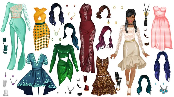 High Fashion Paper Doll Beautiful Woman Outfits Hairstyles Accessories Vector — Stockvektor