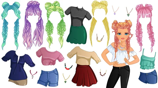 Braids and Buns Hairstyle Paper Doll with Clothes and Accessories. Vector Illustration