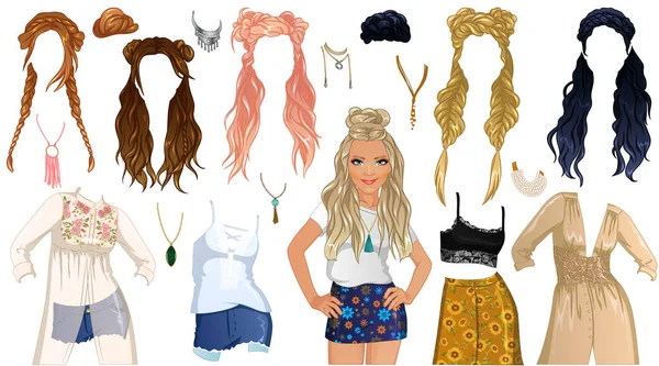 Boho Chic Hairstyle Paper Doll Vector Illustration — Wektor stockowy