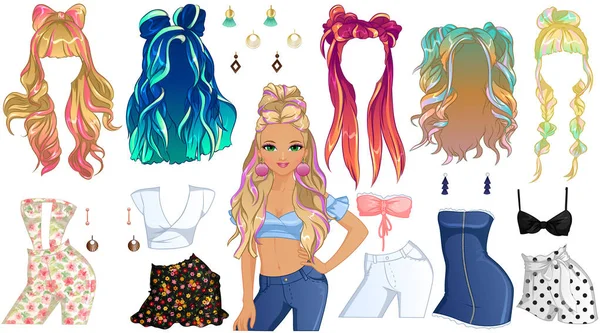 Hair Chalk Hairstyles Paper Doll Illustrazione Vettoriale — Vettoriale Stock