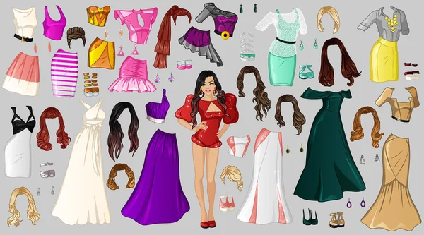 Cute Celebrity Cartoon Paper Doll Outfits Hairstyle Shoes Accessories 사기적 — 스톡 벡터