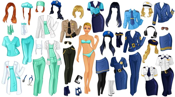 Cute Cartoon Career Paper Doll Doctor Policewoman Pilot Outfits Hairstyles — Stock Vector