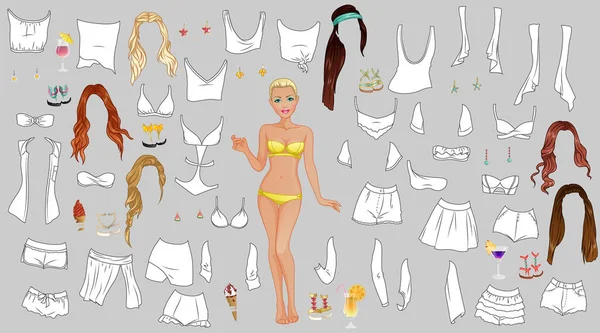 stock vector Spring Break Coloring Page Paper Doll with Swimsuits, Beachwear, Hairstyles and Accessories. Vector Illustration