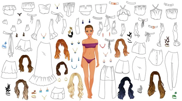 Shoulder Style Coloring Page Paper Doll Outfits Hairstyle Accessories Dalam - Stok Vektor