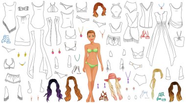 Plaj Partisi Boyama Sayfası Kadın figürlü, giyimli, saç stili ve aksesuarlı. Vektör İllüstrasyonu