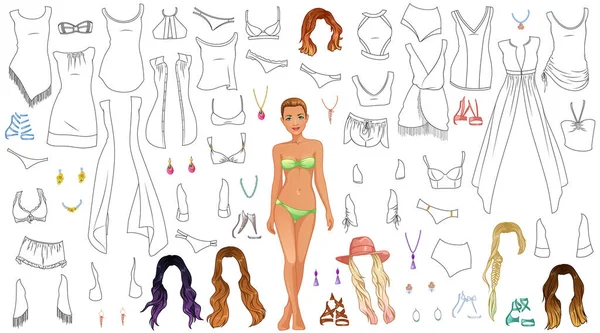 Beach Party Coloring Page Paper Doll Female Figure Clothing Hairstyle - Stok Vektor