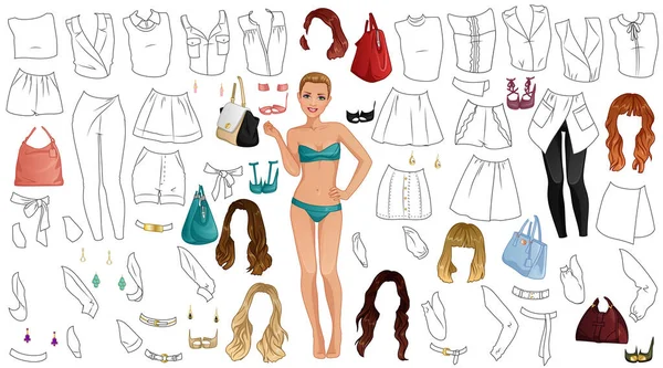 Fashion Blogger Kolorowanka Page Paper Doll Kobiecą Figurą Odzież Fryzury — Wektor stockowy