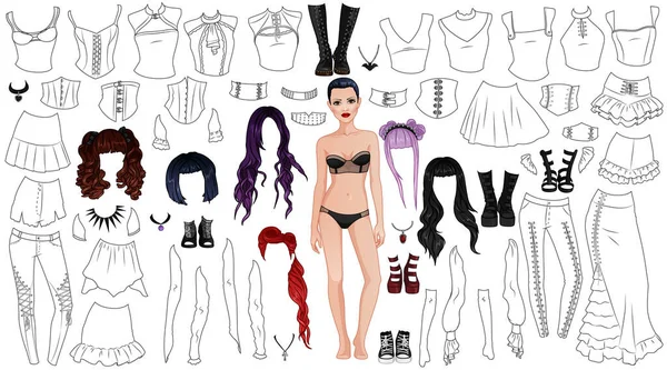 Goth Girl Coloring Page Paper Doll Female Body Template Clothing — стоковый вектор