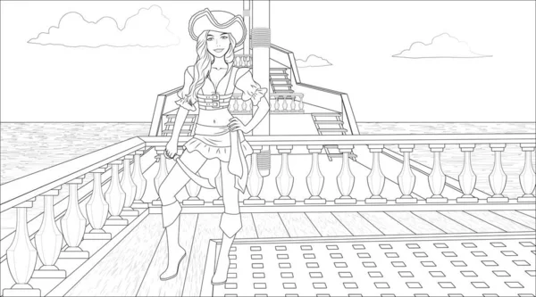 Pirate Girl Coloriage Page Avec Fond Navire Dans Mer Illustration — Image vectorielle