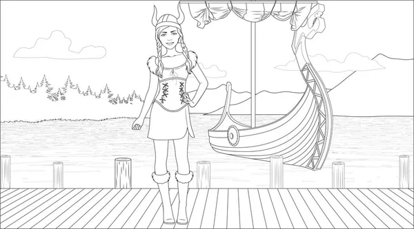 Viking Girl Coloriage Page Avec Fond Navire Dans Mer Illustration — Image vectorielle