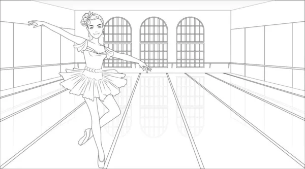 Coloriage Ballerine Avec Personnage Féminin Sur Fond Studio Dansant Illustration — Image vectorielle