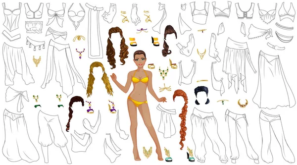 Poupée Papier Colorier Princesse Persane Avec Vêtements Coiffures Accessoires Illustration — Image vectorielle