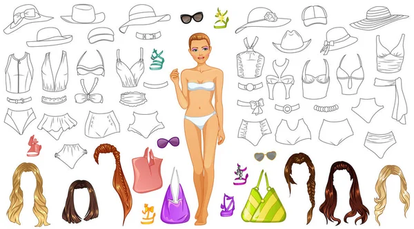 Swimsuit Design Coloring Paper Doll Outfit Hairstyle Accessories Dalam Bahasa - Stok Vektor