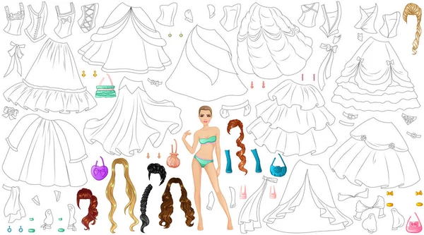 Księżniczka Suknia Kolorowanka Strona Papieru Lalka Sukienka Fryzury Akcesoria Ilustracja — Wektor stockowy