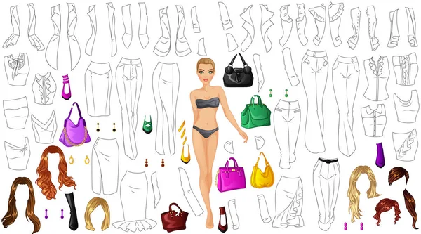 Office Outfit Coloring Page Paper Doll Clothes Hairstyle Accessories Dalam - Stok Vektor