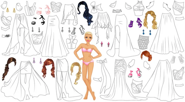 Prom Dress Coloring Page Paper Doll Clothes Hairstyle Accessories 사기적 — 스톡 벡터