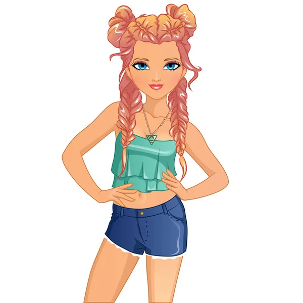 Πλεξούδες Και Buns Hairstyle Χαριτωμένο Γελοιογραφία Κούκλα Χαρακτήρα Εικονογράφηση Διανύσματος — Διανυσματικό Αρχείο