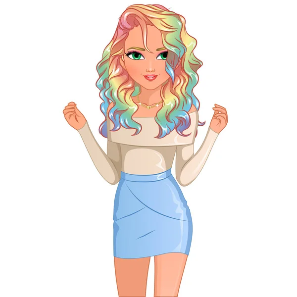 Rainbow Hairstyle Female Cute Cartoon Character Vector Illustration — Stock Vector
