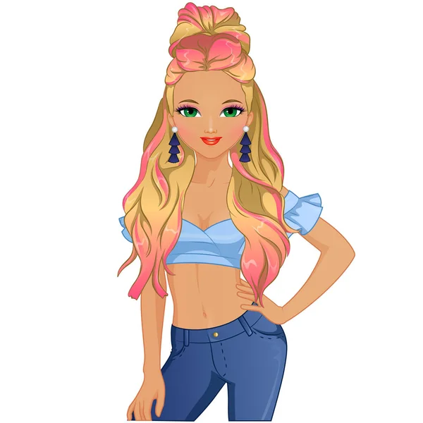 Hair Chalk Hairstyle Cute Cartoon Female Character Vector Illustration — Stock Vector