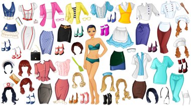 Career 2 Paper Doll with Nurse, Teacher, Waitress, Doctor, Politician and Housekeeper Outfits, Hairstyles and Accessories. Vector Illustration clipart