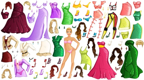 Celebrity Paper Doll Ρούχα Χτενίσματα Και Αξεσουάρ Εικονογράφηση Διανύσματος — Διανυσματικό Αρχείο