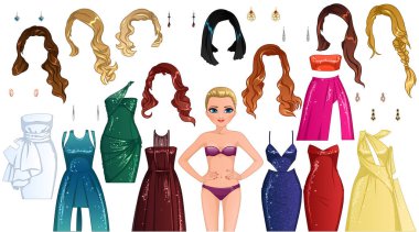 Sevimli Çizgi Film Karakteri, Kıyafetleri, Saç Tarzı ve Küpeleri olan Kırmızı Halı Kağıt Bebek. Vektör İllüstrasyonu