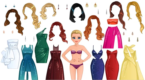 Red Carpet Paper Doll Cute Cartoon Character Outfits Hairstyle Earrings - Stok Vektor