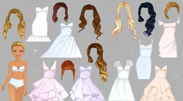 Wedding Day Paper Doll Cute Cartoon Character Dresses Hairstyle Necklaces — 스톡 벡터