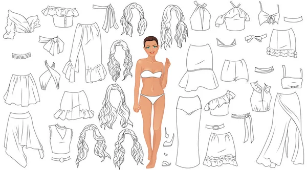 Summer Outfit Coloring Page Paper Doll Clothes Hairstyle Shoes Dalam - Stok Vektor