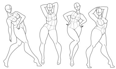 Artı Boyut Moda Şablonları. Moda Tasarım ve İllüstrasyon için abartılı Croquis. Vektör İllüstrasyonu