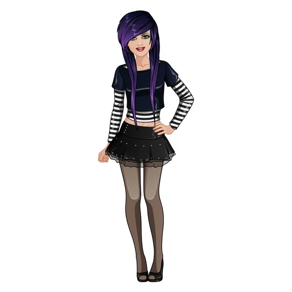 Emo Girl Cute Cartoon Character Avatar Purple Long Hair Dark — Stock Vector