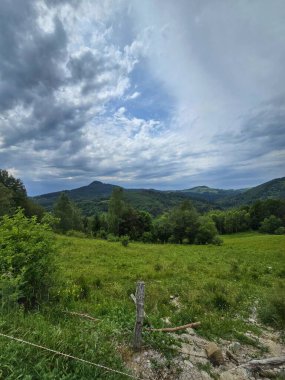 Transapuseana, Alba, Romanya 'da bulutlu bir yaz gününde yol kenarından güzel bir manzara
